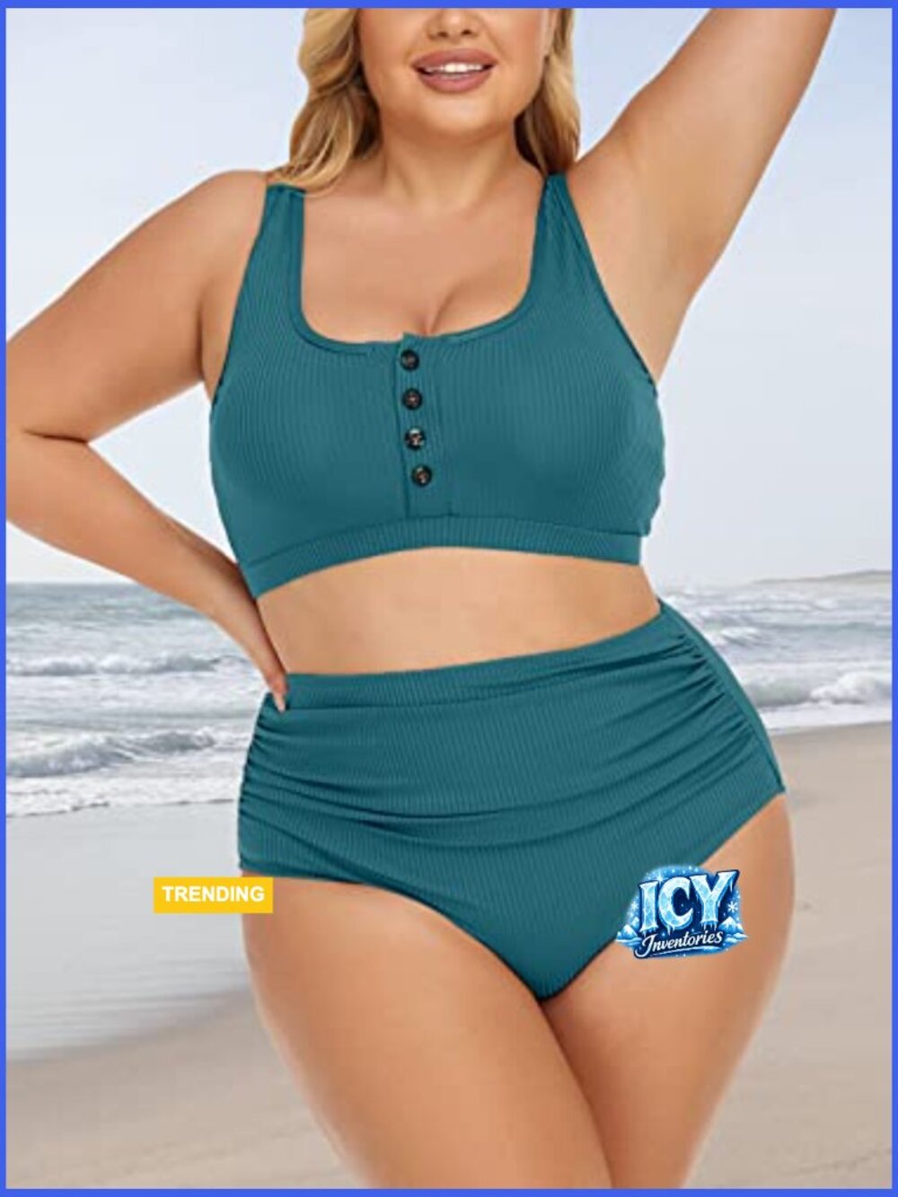 Plus Size Ribbed Bikini Set High Waist Tummy Control Swimwear - Picture 3 of 7